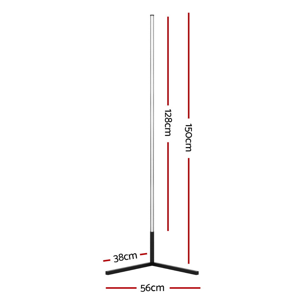 RGB bar floor lamp dimensions diagram: 150cm total height, 128cm bar, 56cm base width, 38cm depth