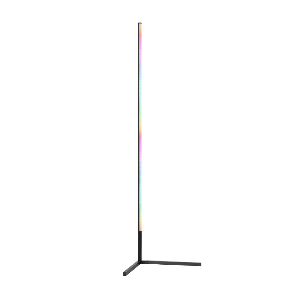 Slim RGB LED bar floor lamp on black T-shaped base with rainbow gradient colours, front view on white background