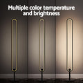 RGB oval floor lamp shown in three warm white brightness levels, text: Multiple color temperature and brightness
