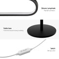 Feature infographic showing silicone oval lampshade, stable round black base, and inline app control switch