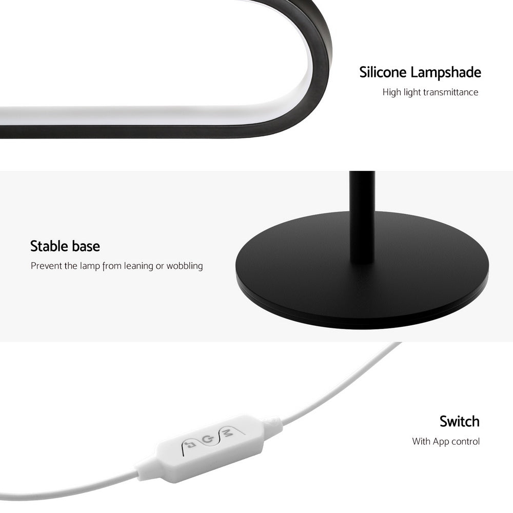 Feature infographic showing silicone oval lampshade, stable round black base, and inline app control switch