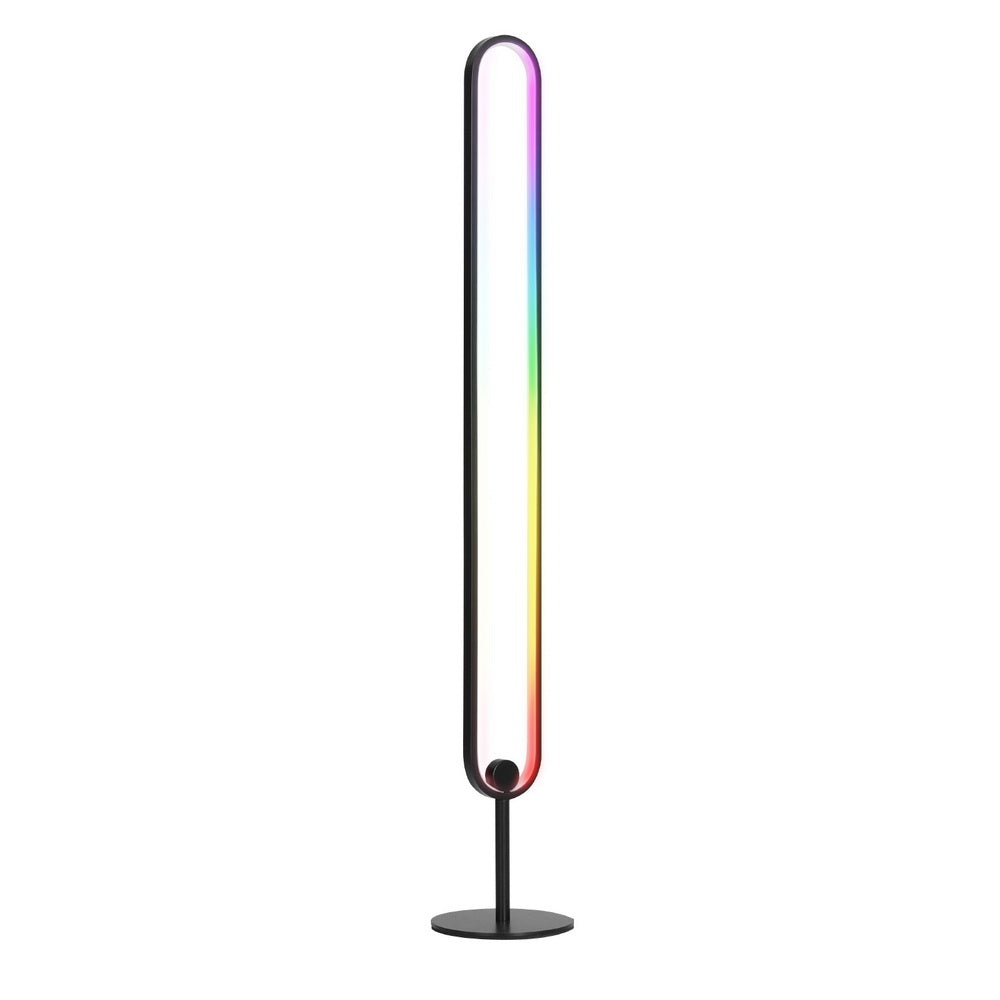 RGB oval LED floor lamp with rainbow gradient colours on tall black frame, front-facing view on white background