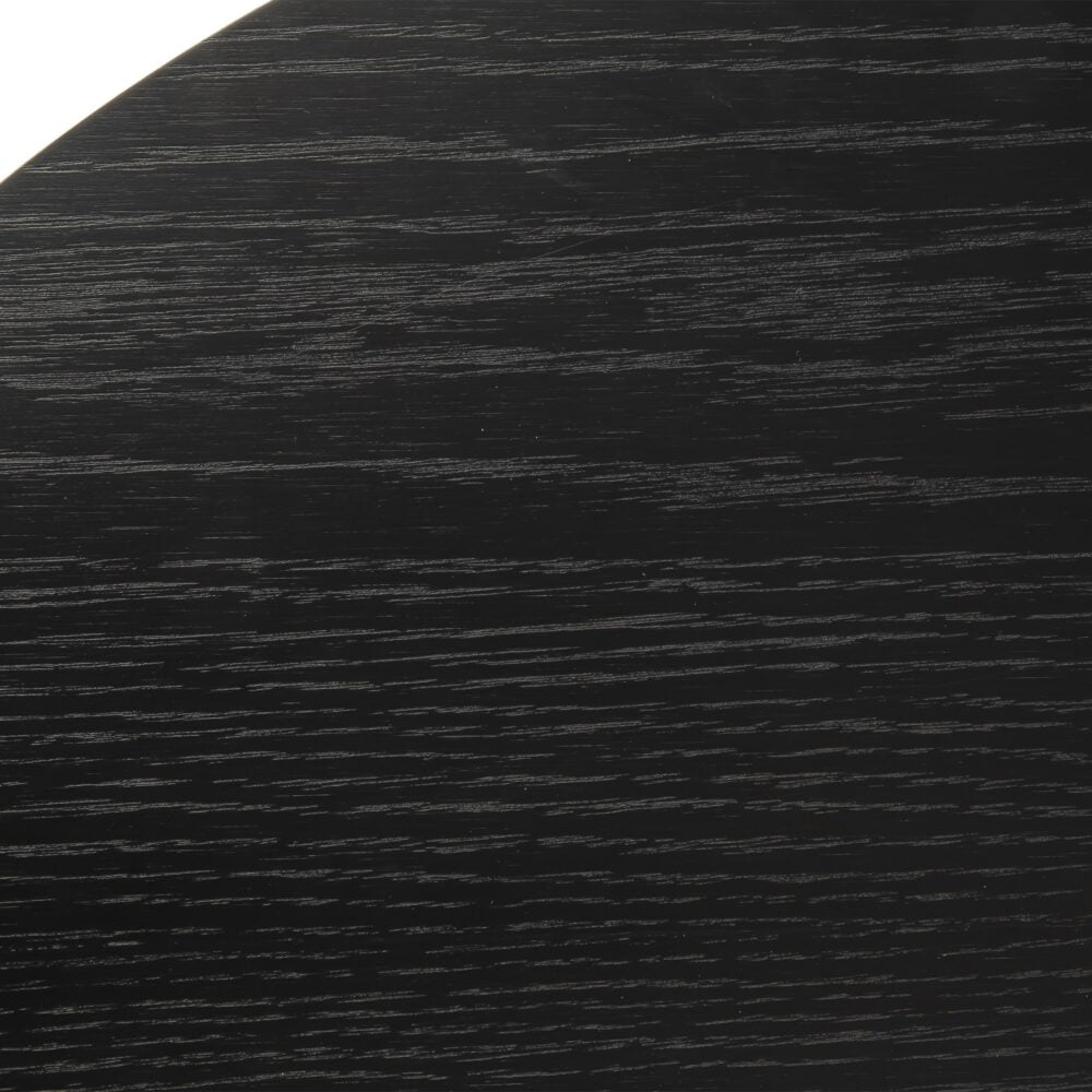 Close-up of a black round coffee table surface showing fine horizontal wood grain texture across the tabletop