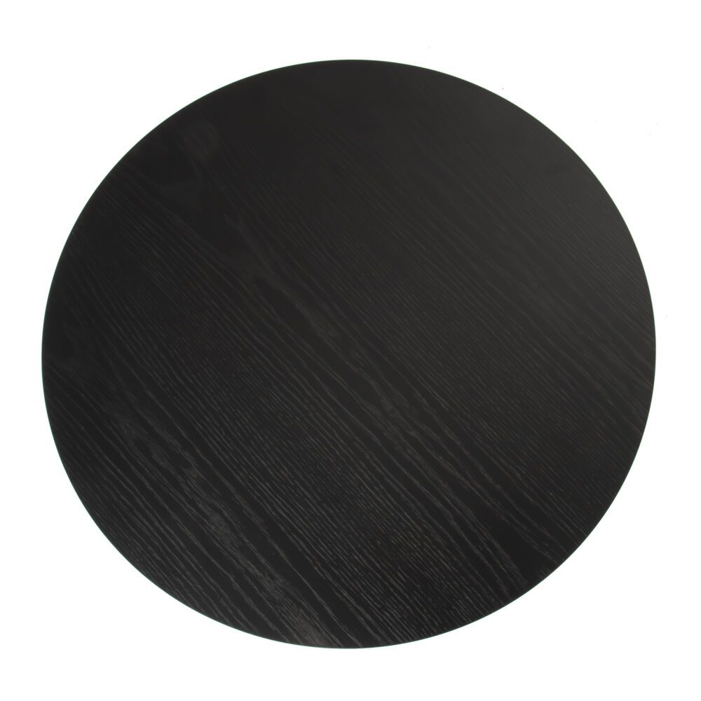 Top-down view of a black round coffee table top with visible wood grain texture on a white background