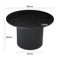 Dimension diagram of black round coffee table with fluted pedestal showing 80cm diameter 50cm height 47cm base and 1.5cm top