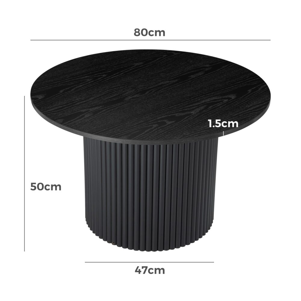 Dimension diagram of black round coffee table with fluted pedestal showing 80cm diameter 50cm height 47cm base and 1.5cm top