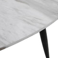 Close-up detail of white marble-effect tabletop surface with grey veining and black tapered leg on white background