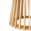 Close-up of a round coffee table natural wood slatted base with radiating vertical slats and circular ring at the bottom