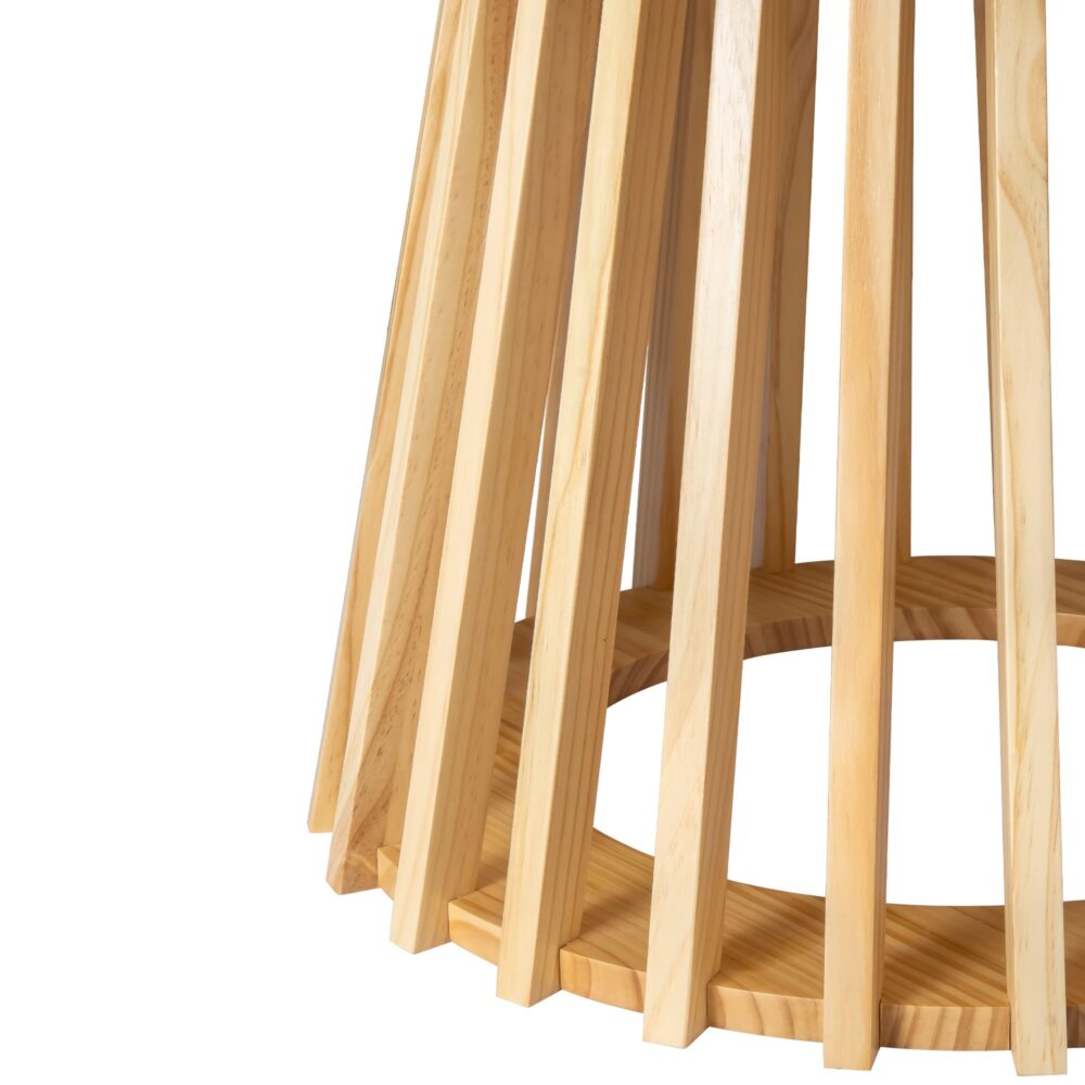 Close-up of a round coffee table natural wood slatted base with radiating vertical slats and circular ring at the bottom