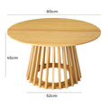 Round natural wood coffee table with slatted pedestal base, dimension labels showing 80cm diameter, 45cm height, 52cm base