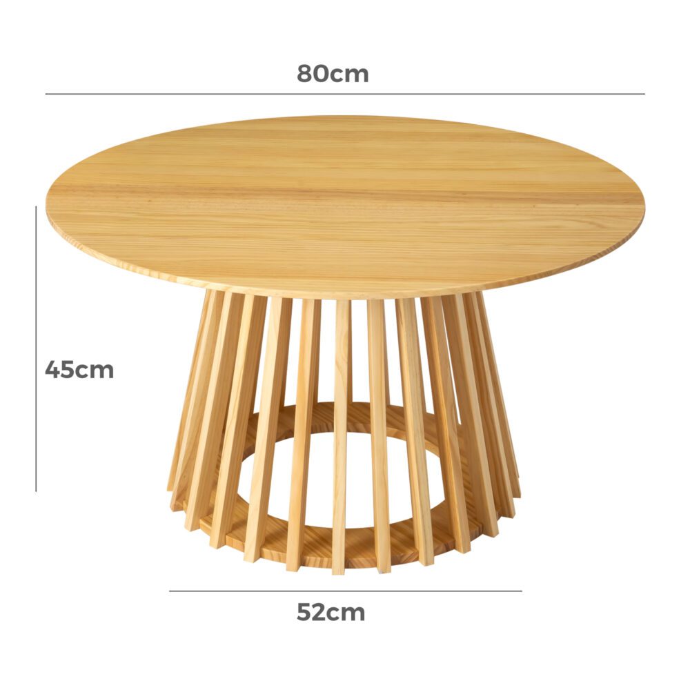 Round natural wood coffee table with slatted pedestal base, dimension labels showing 80cm diameter, 45cm height, 52cm base
