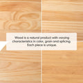 Four-panel close-up showing natural wood grain variation across a round coffee table top with text noting each piece is