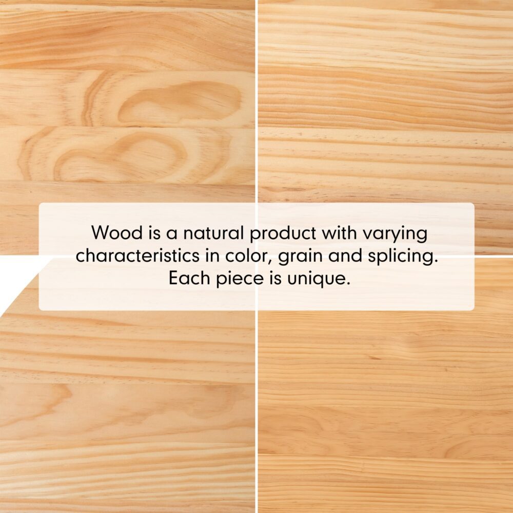 Four-panel close-up showing natural wood grain variation across a round coffee table top with text noting each piece is