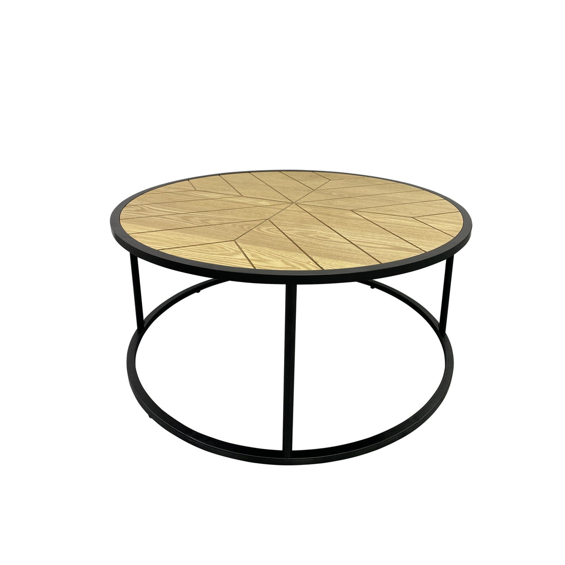Round coffee table with oak sunburst pattern wood top and black circular metal ring base on white background