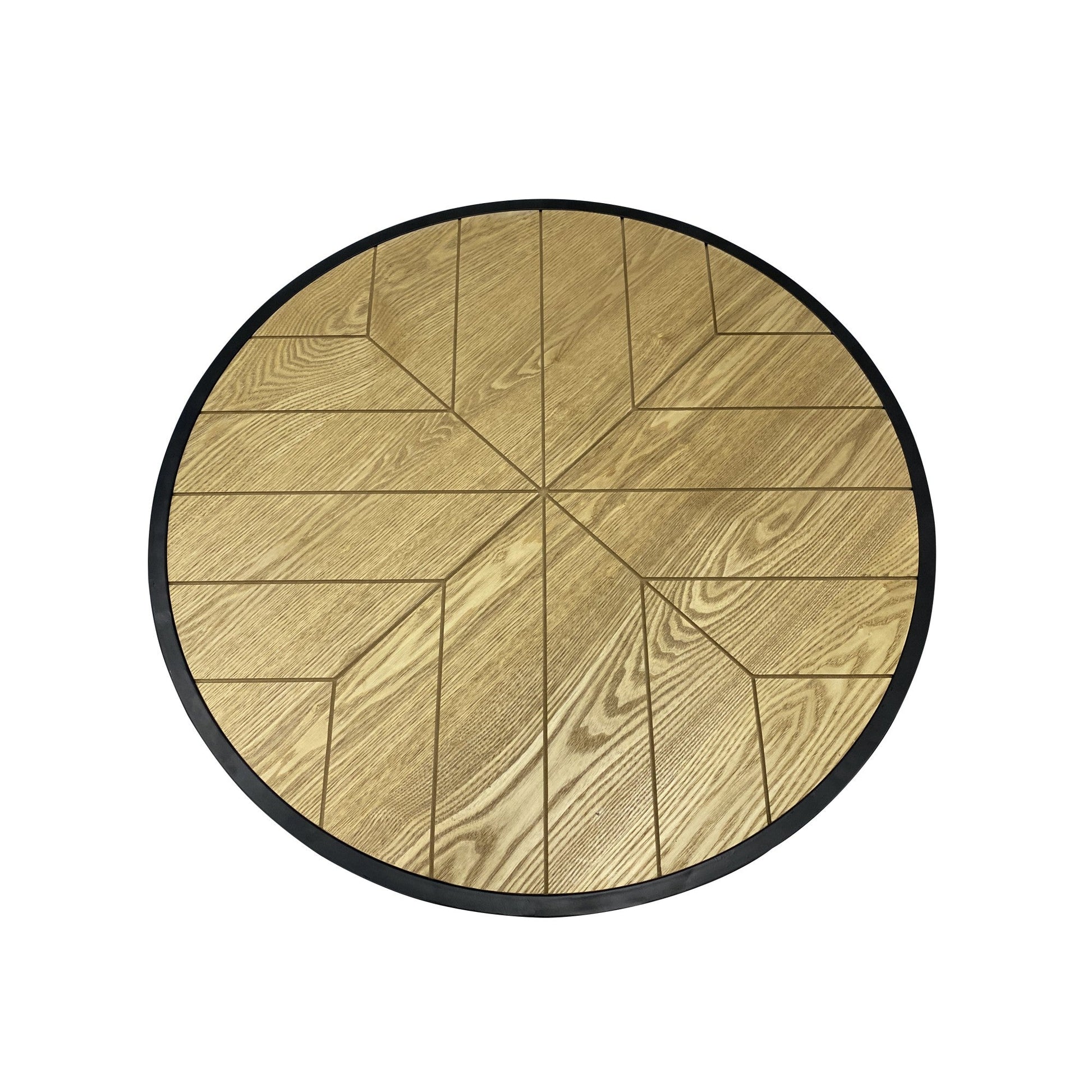 Top-down view of round coffee table showing oak sunburst geometric pattern with radiating triangular segments and black border