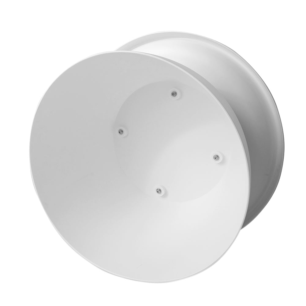 Underside view of a round white coffee table showing the circular base with four visible screw points and two-piece assembly