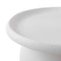 Close-up of the curved rim and matte white tray top surface of a round coffee table on white background