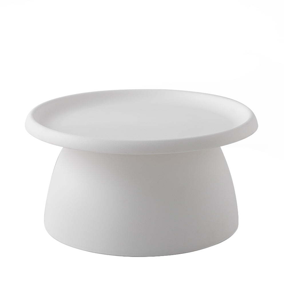 Round white coffee table with wide overhanging tray top and tapered cylindrical pedestal base on white background
