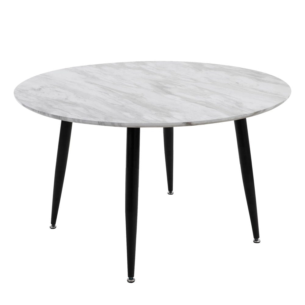 Round coffee table with white marble-effect top and four black tapered metal legs on white background