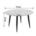 Dimension diagram of round marble-effect coffee table showing 95cm diameter, 45cm height and 18mm top thickness