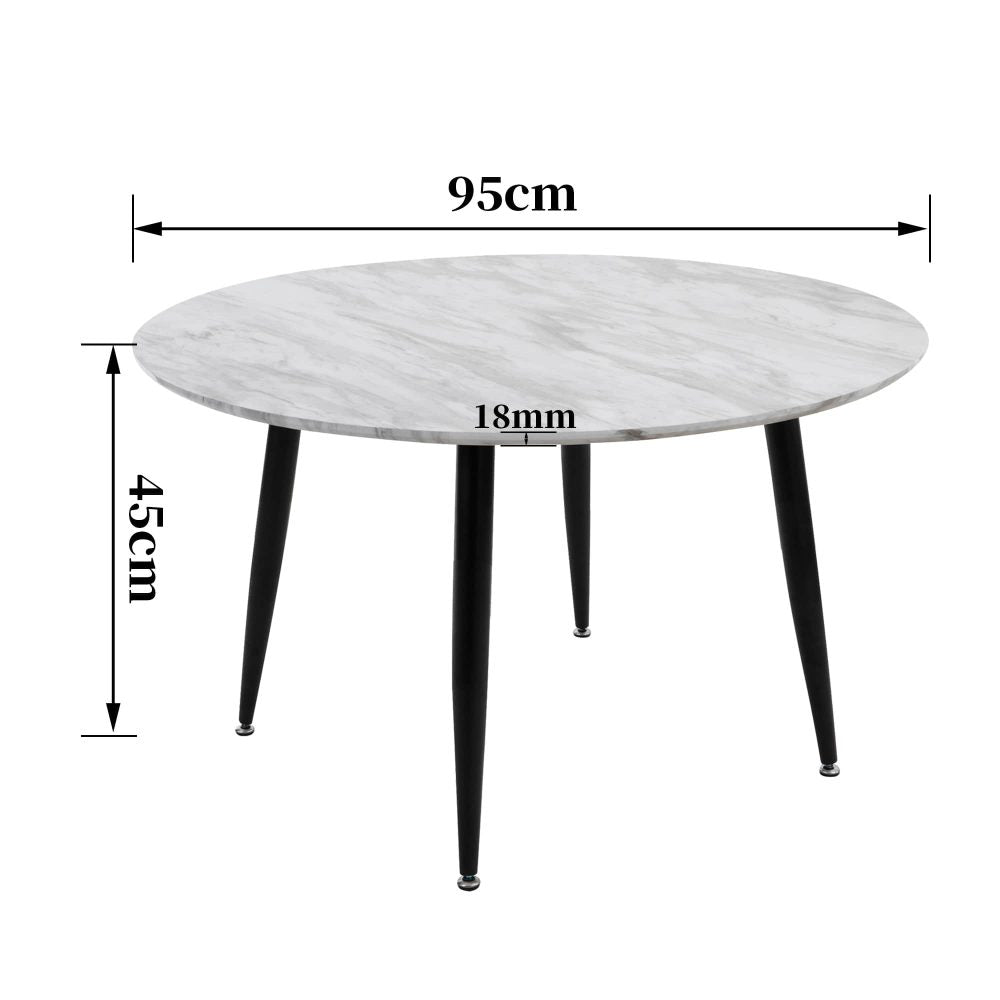 Dimension diagram of round marble-effect coffee table showing 95cm diameter, 45cm height and 18mm top thickness