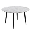 Round coffee table with white marble-effect top and four black tapered metal legs, front-facing view on white background