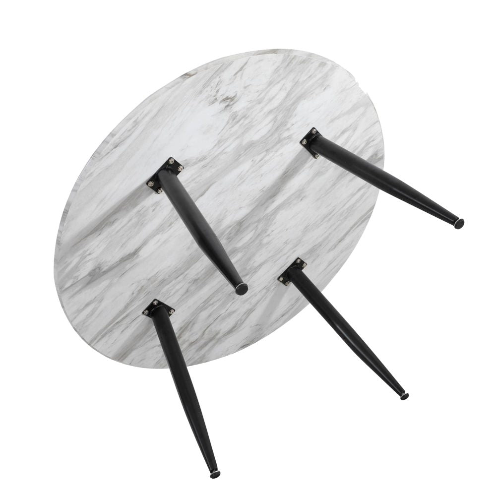 Underside of round marble-effect coffee table showing four black tapered legs with metal brackets, white background