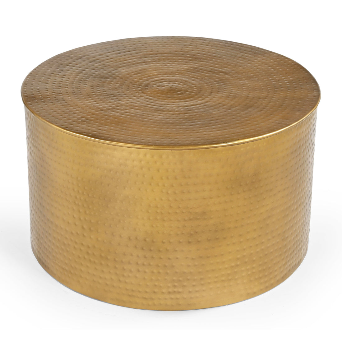 Cylindrical hammered brass-finish metal coffee table front view with concentric circle hammer pattern on the top surface,
