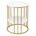 Round side table on white background, white marble top and mid shelf, gold vertical bar frame with circular base