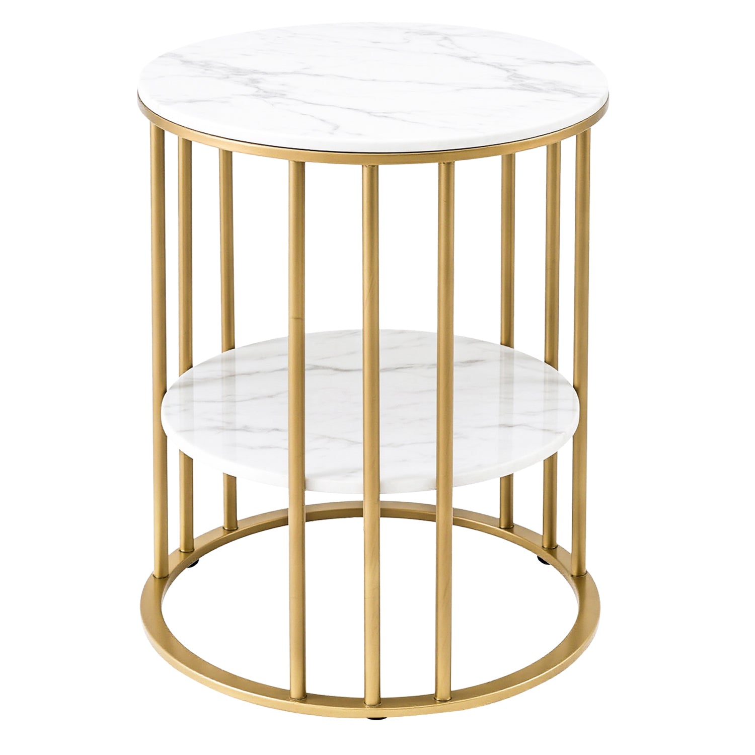 Round side table on white background, white marble top and mid shelf, gold vertical bar frame with circular base