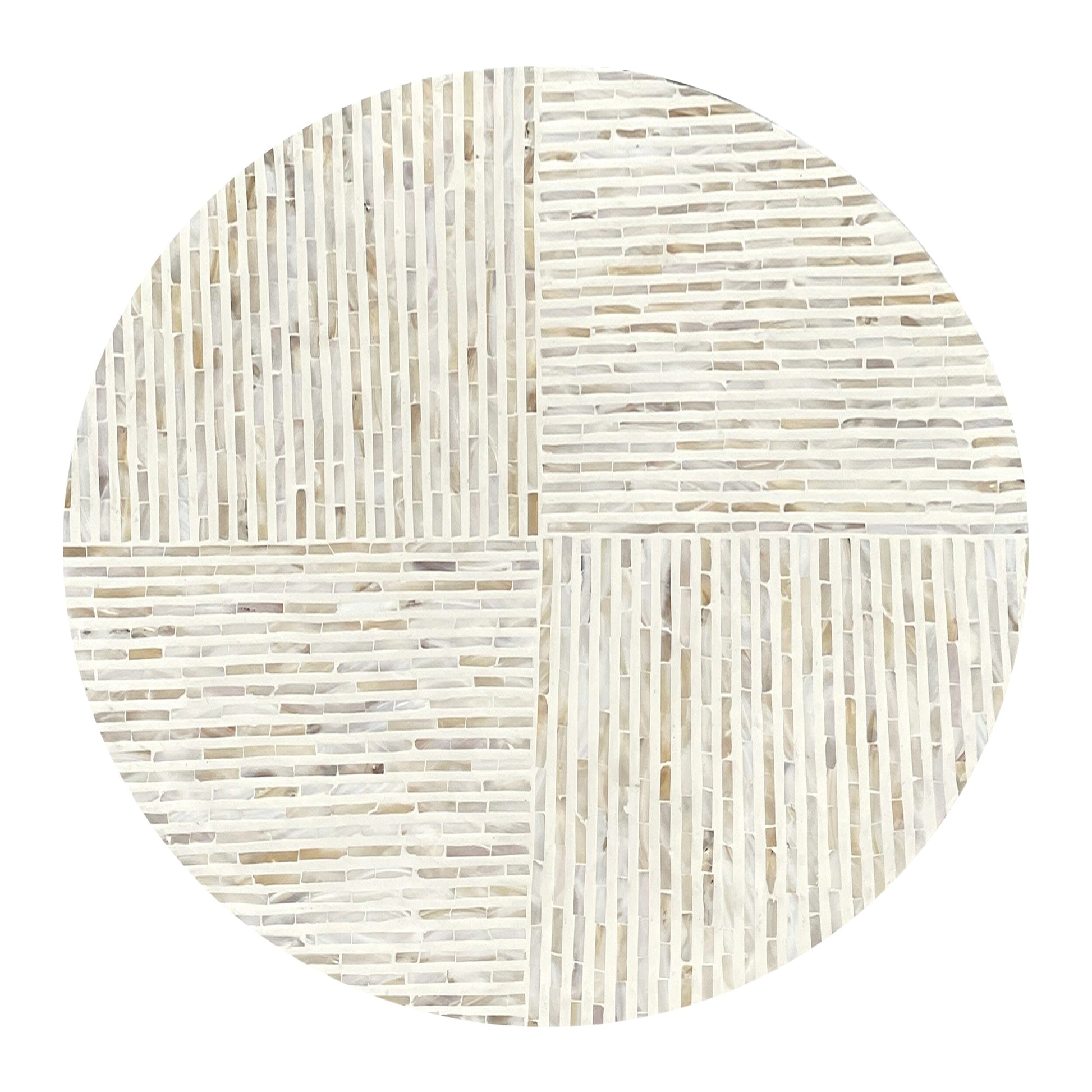 Round mother of pearl mosaic drum coffee table with dimension annotations showing 92cm diameter and 41cm height on white