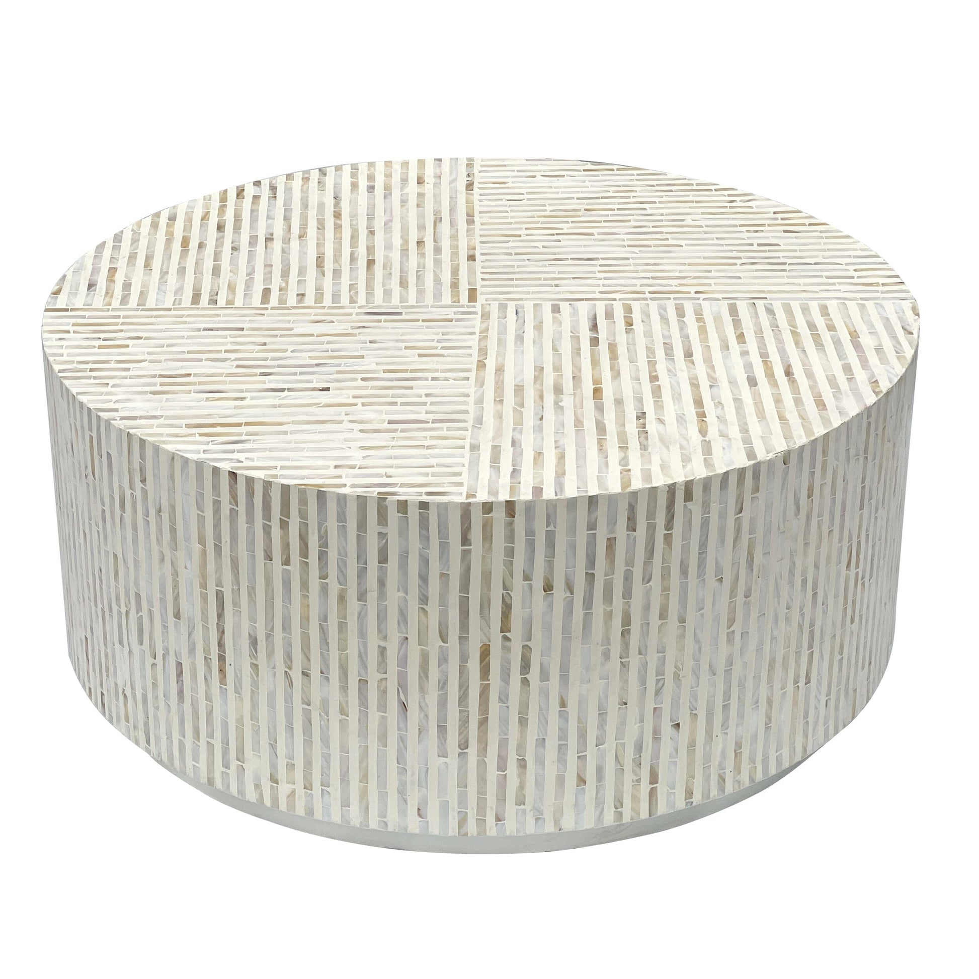Round drum coffee table fully covered in vertical white and beige mother of pearl mosaic tiles with a metal base ring on