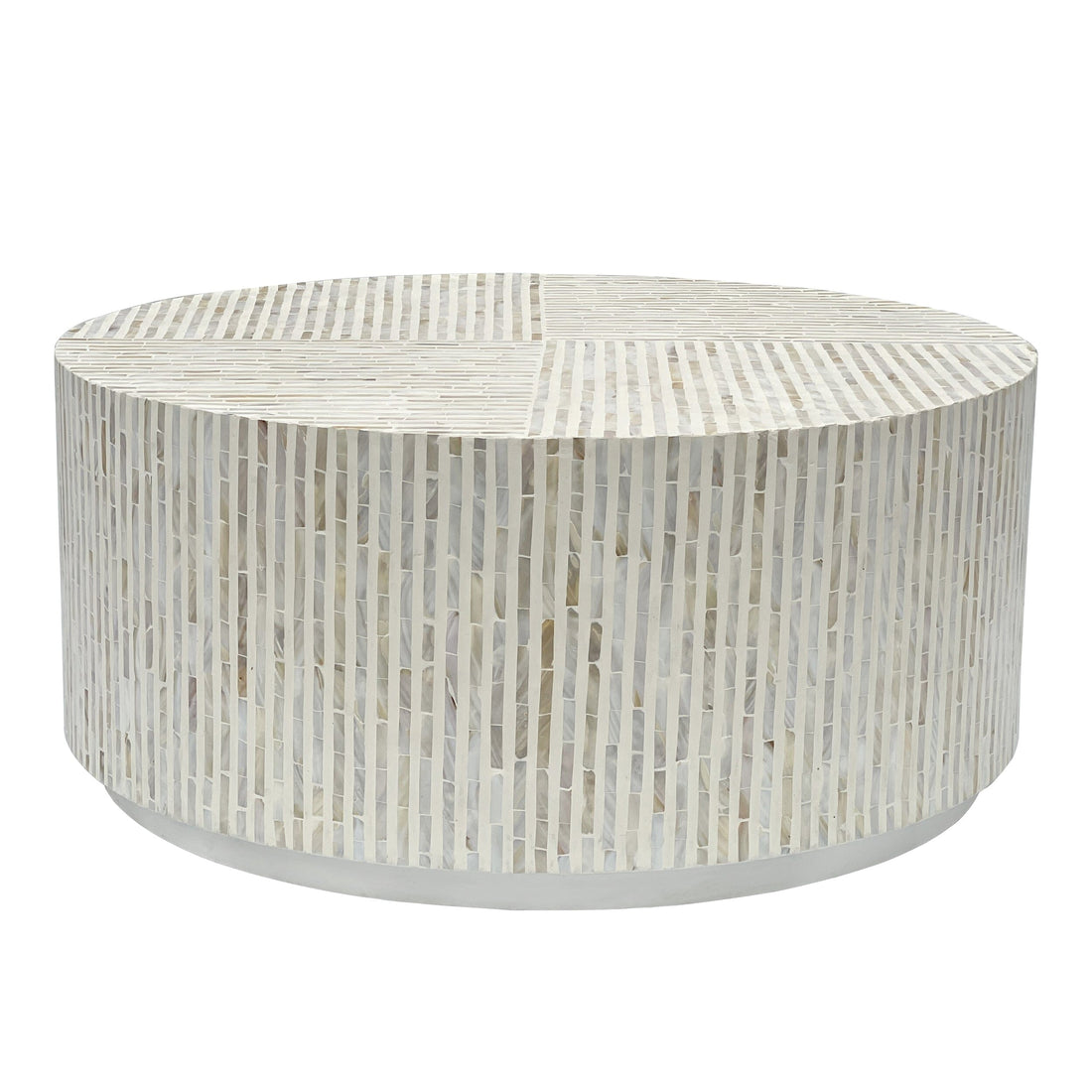Round drum coffee table covered in vertical mother of pearl mosaic tiles in white and cream tones, straight on view against
