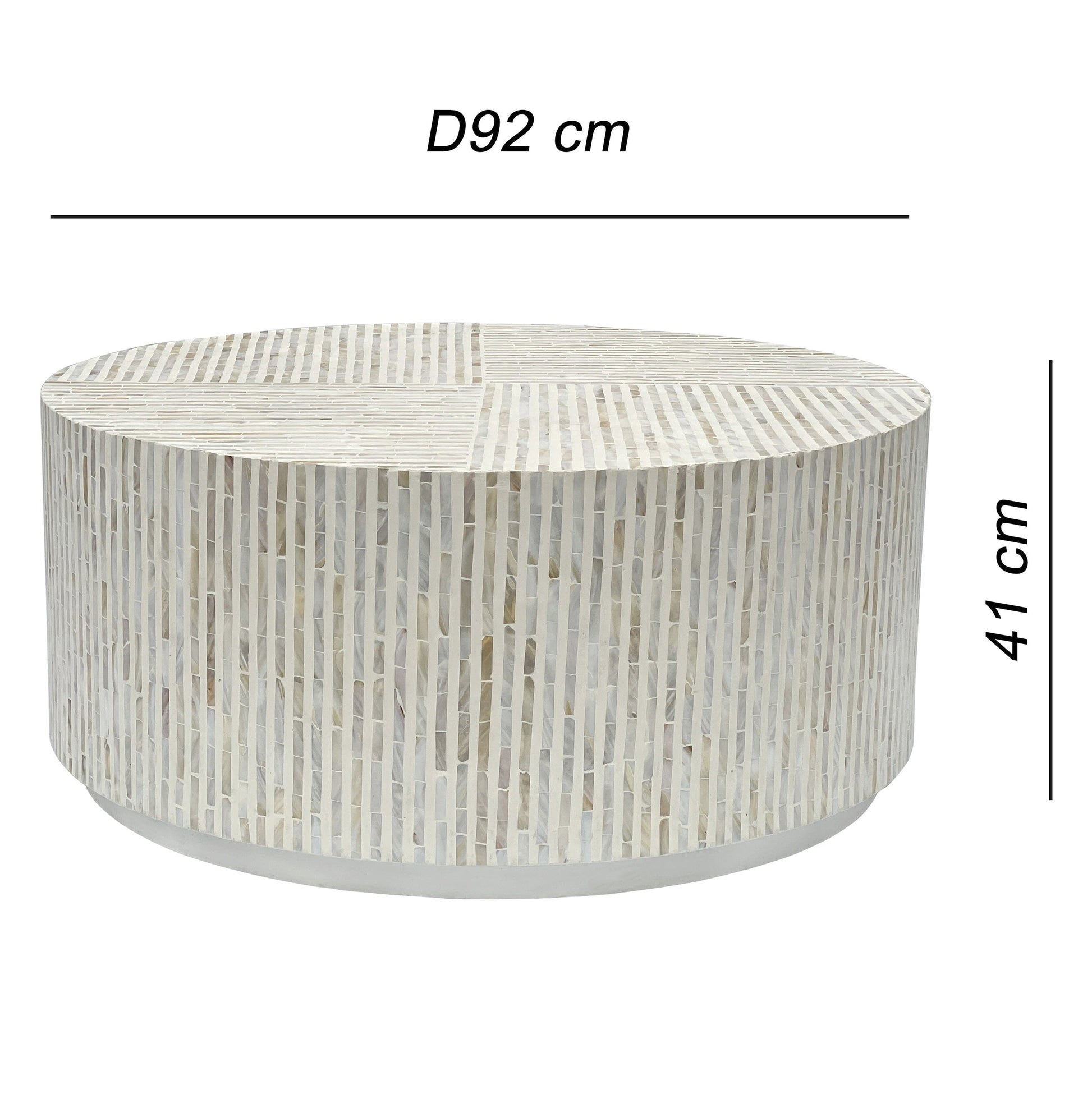 Side view of round drum coffee table fully clad in vertical white and beige mother of pearl mosaic tiles with a low metal