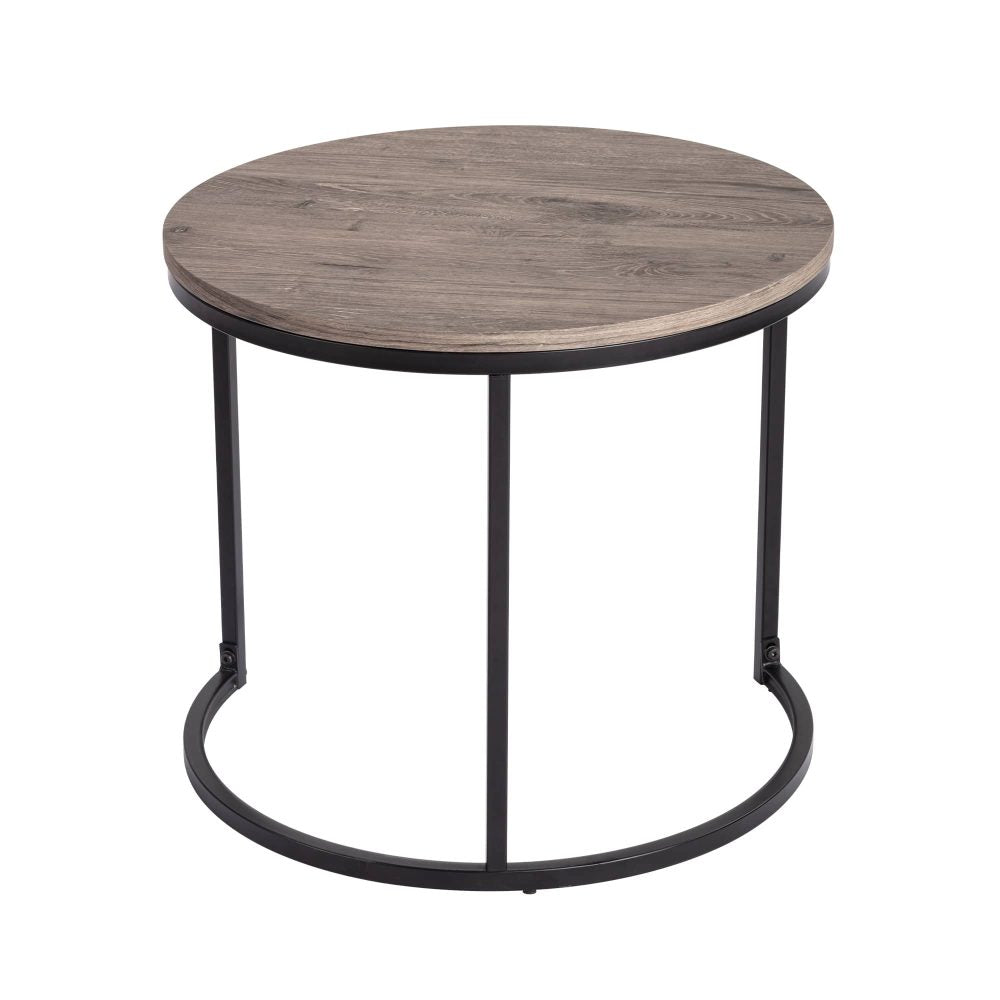 Large round coffee table with grey-tone wood top and black metal ring base with three vertical support bars, white background