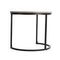 Large round coffee table side profile showing grey wood top edge and black C-shaped ring metal base on white background