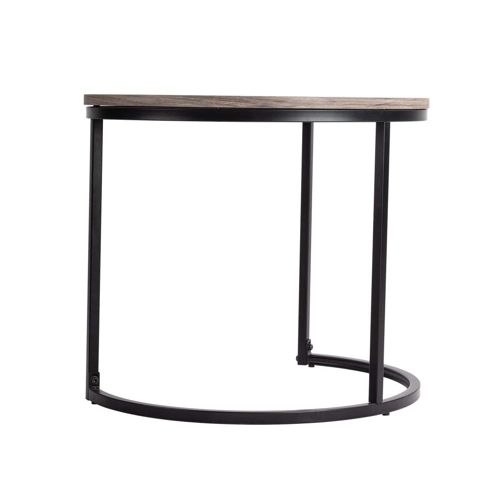 Large round coffee table side profile showing grey wood top edge and black C-shaped ring metal base on white background