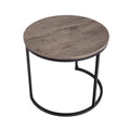 Large round nesting coffee table with grey-tone wood grain top and black metal ring base on white background