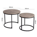 Dimension diagram of two round nesting coffee tables: large 60cm diameter 53cm tall, small 50cm diameter 48cm tall