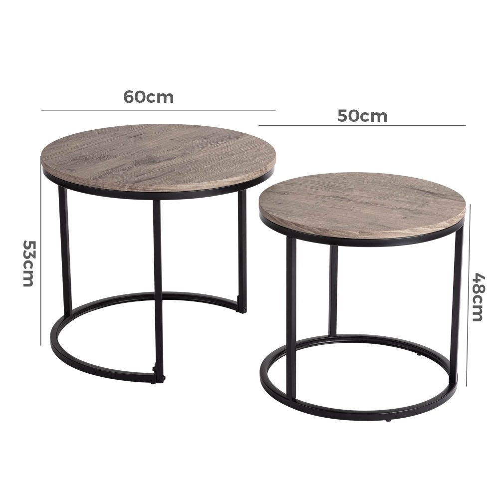 Dimension diagram of two round nesting coffee tables: large 60cm diameter 53cm tall, small 50cm diameter 48cm tall