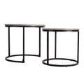 Two round nesting coffee tables with grey-tone wood tops and black ring bases viewed from the side on white background