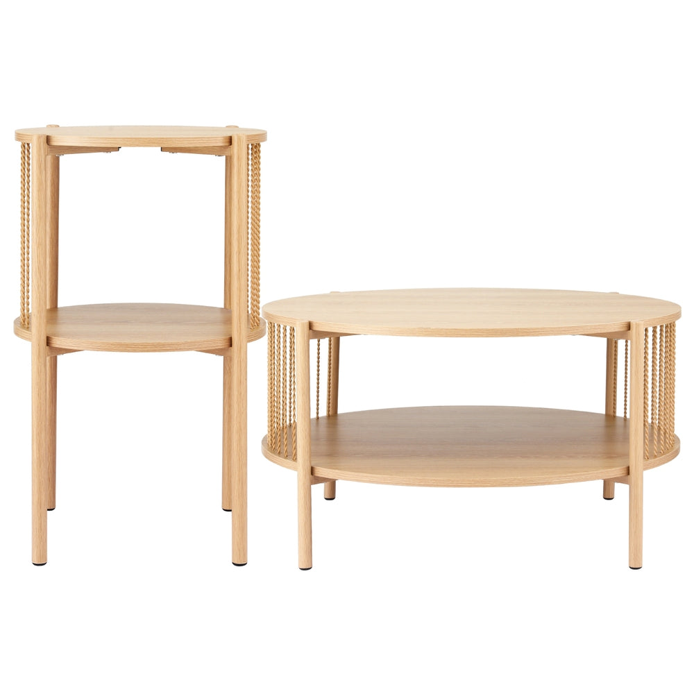 Round oak coffee table and cylindrical side table with rope spindle sides and two-tier shelves from an angle on white