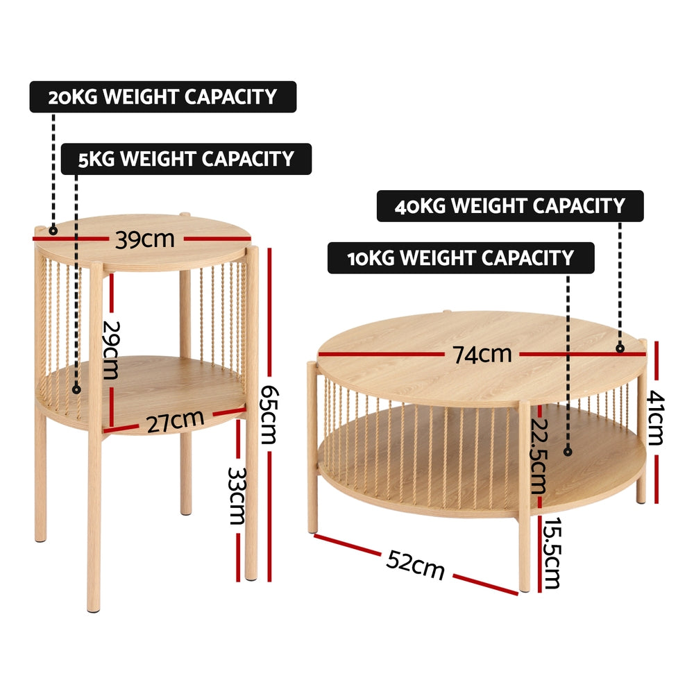 Round oak coffee table and side table set: 74cm diameter 41cm height and 39cm diameter 65cm height