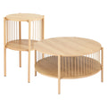Round oak coffee table and matching round side table set with rope spindle sides and lower shelf on white background