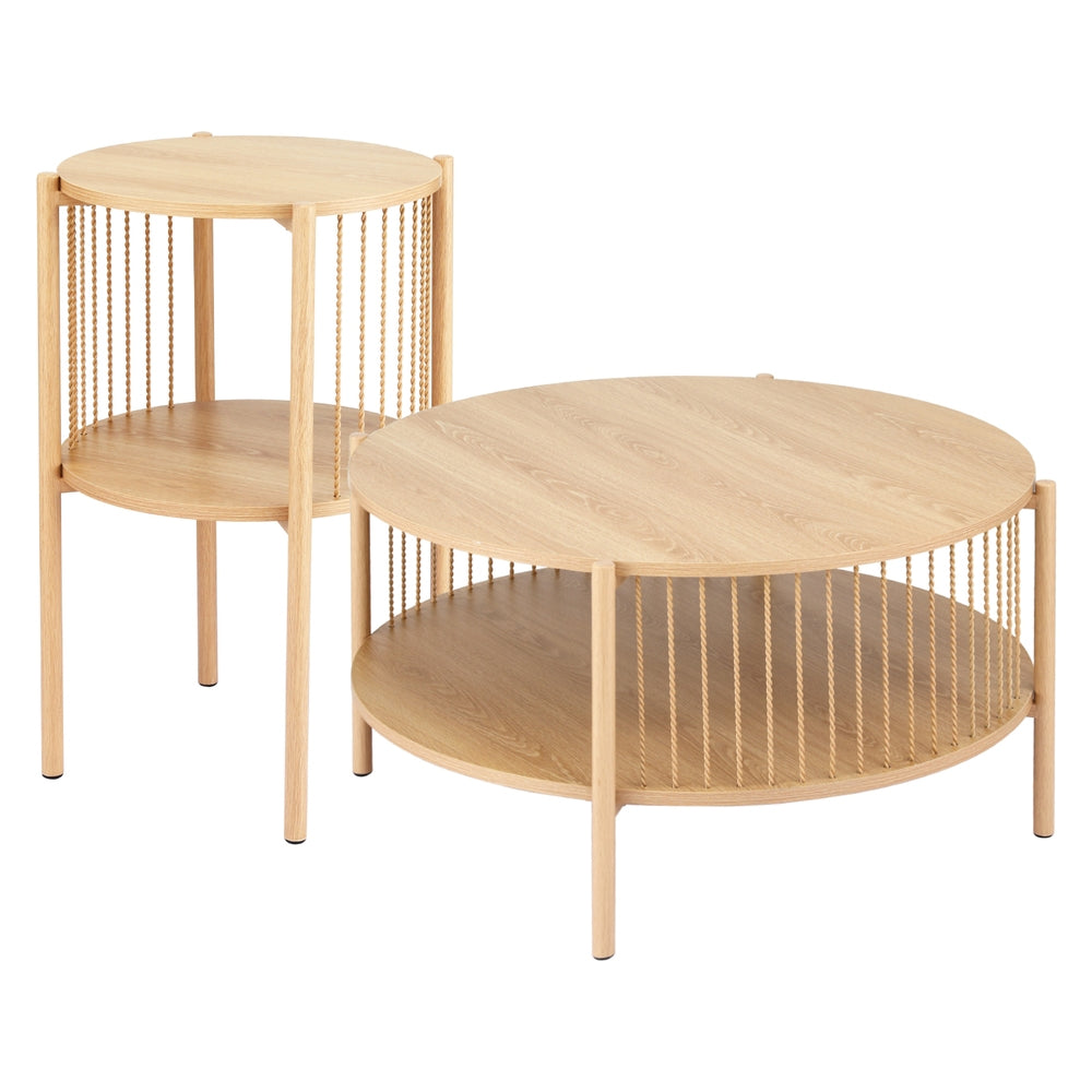 Round oak coffee table and matching round side table set with rope spindle sides and lower shelf on white background