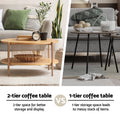 Split image comparing a two-tier round oak rope coffee table in a living room versus a single-tier metal table with items