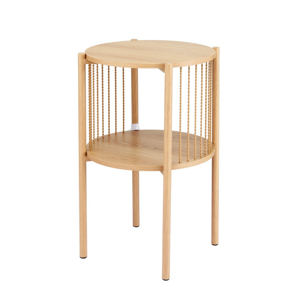 Round two-tier side table in natural oak with twisted rope spindle sides and four straight legs on a white background