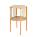 Round two-tier side table in natural oak with twisted rope spindle sides and four straight legs on a white background