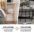 Split image comparing a two-tier oak rope end table beside a bed with a digital clock versus a single-tier metal side table