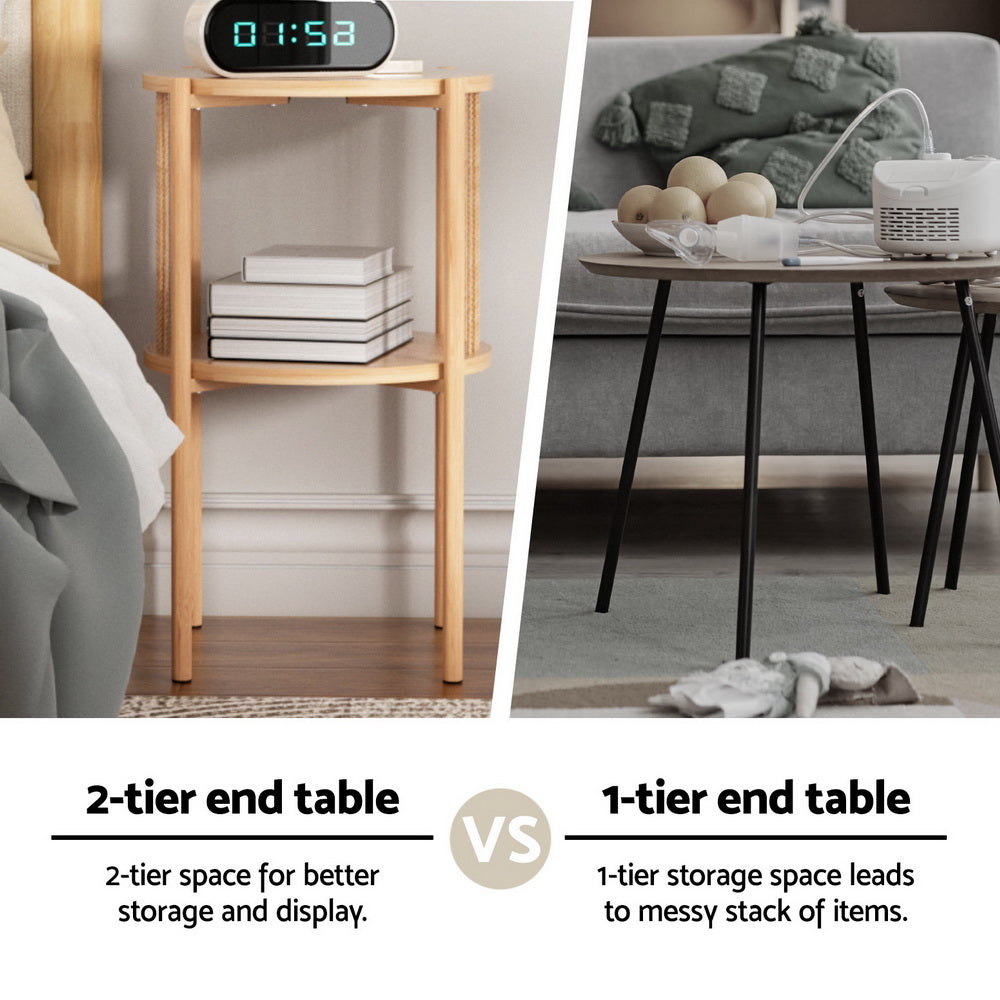 Split image comparing a two-tier oak rope end table beside a bed with a digital clock versus a single-tier metal side table